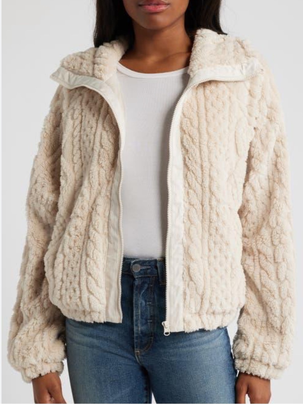 Anthropologie Pilcro Cozy Cream Sherpa Textured Zip‎ Jacket size L NWT
